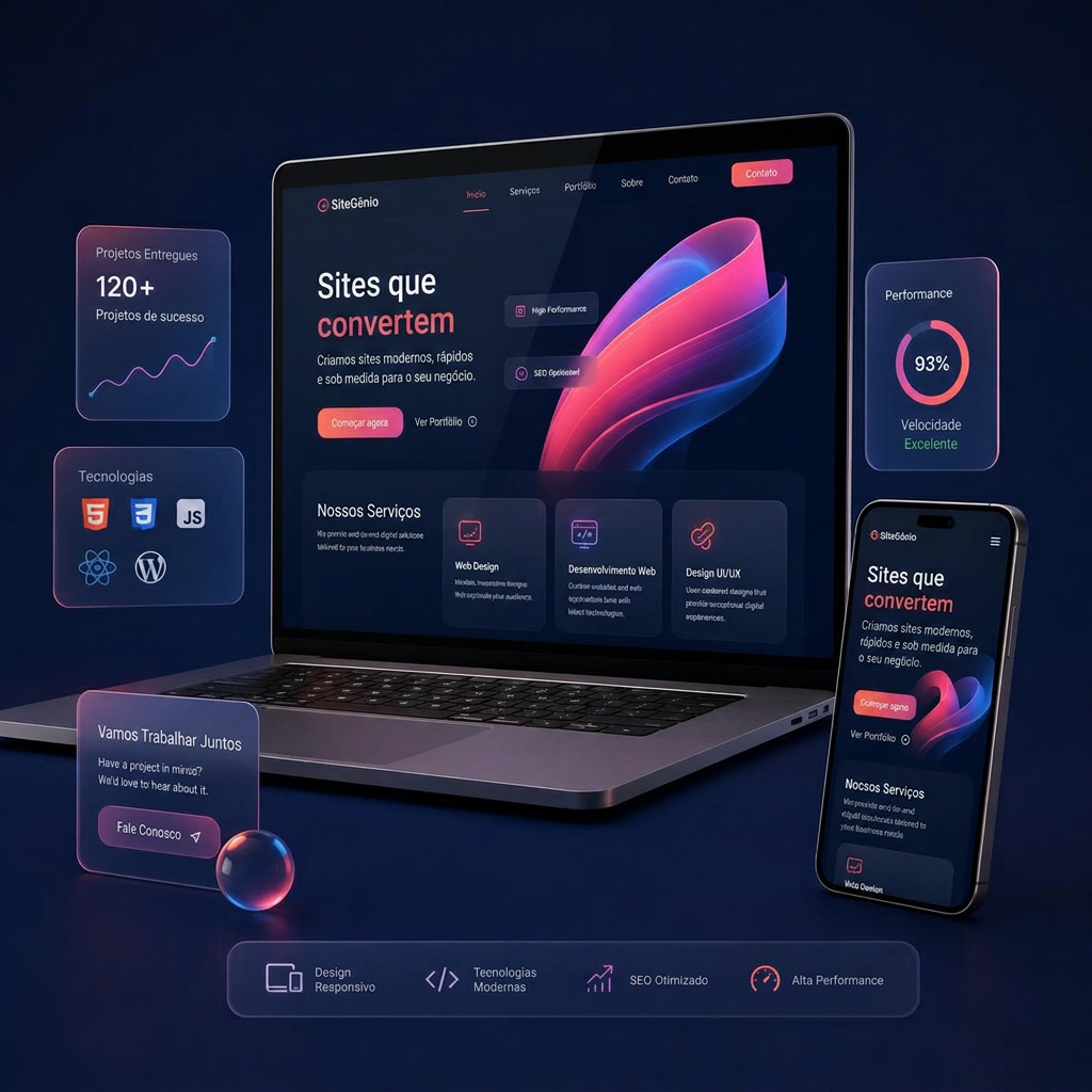 Notebook e celular exibindo um site moderno criado pelo Site Gênio